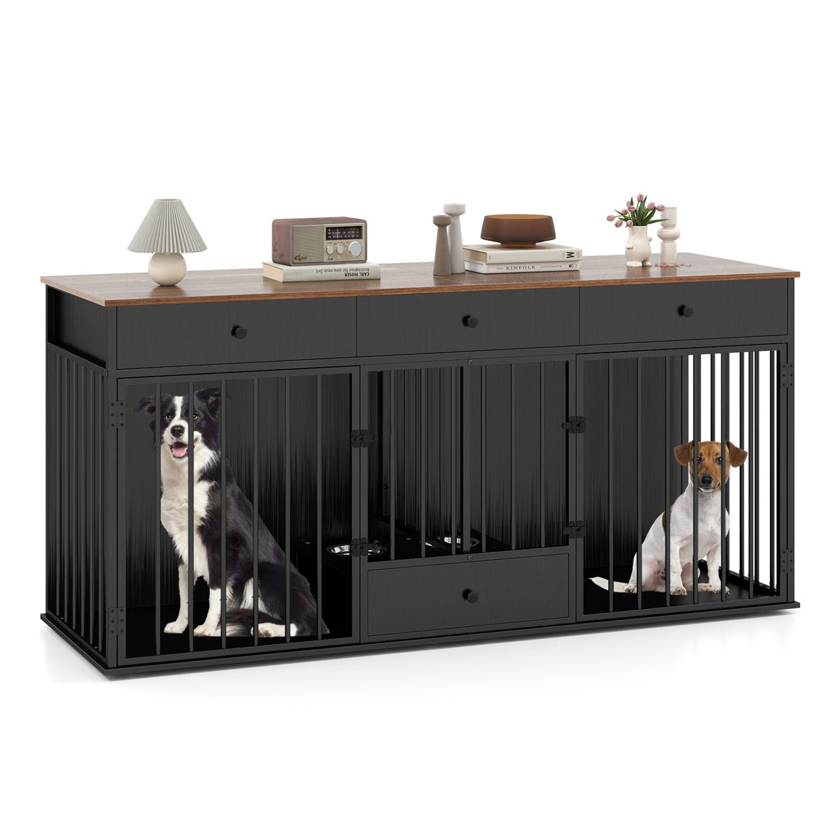 Dog Crate Furniture Indoor Modern Dog Kennel with Divider 3 Drawers and Pull-out Feeder 1
