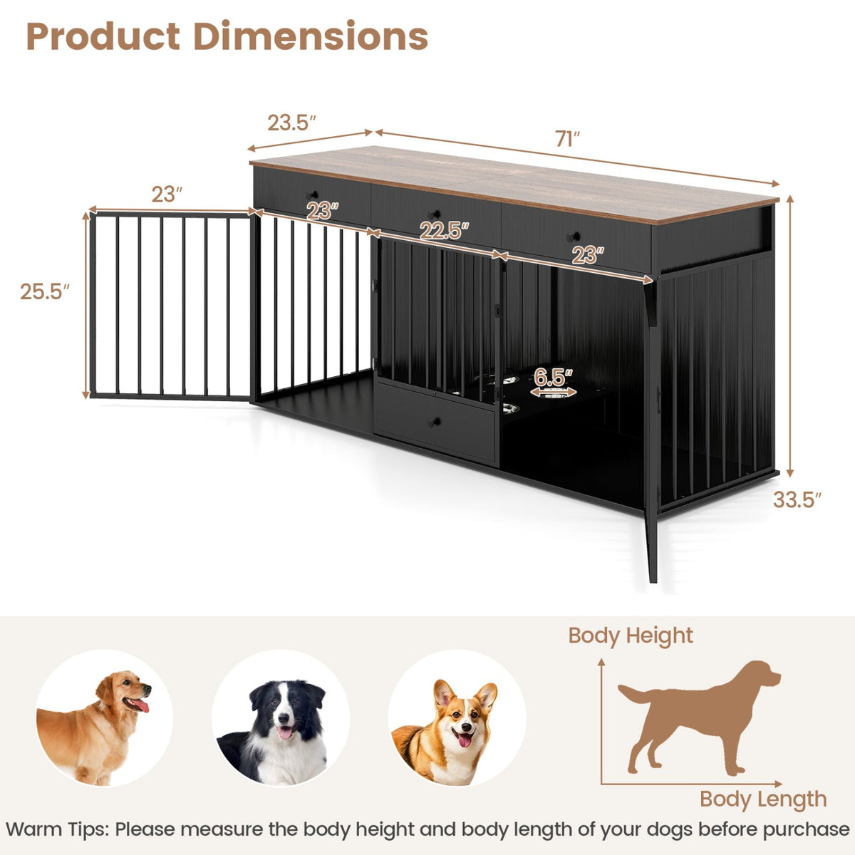 Dog Crate Furniture Indoor Modern Dog Kennel with Divider 3 Drawers and Pull-out Feeder 5