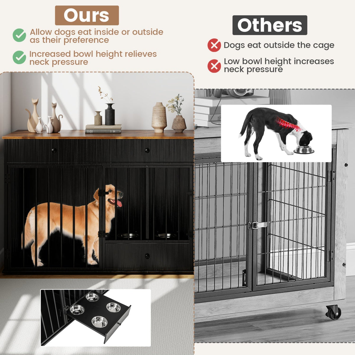 Dog Crate Furniture Indoor Modern Dog Kennel with Divider 3 Drawers and Pull-out Feeder 6