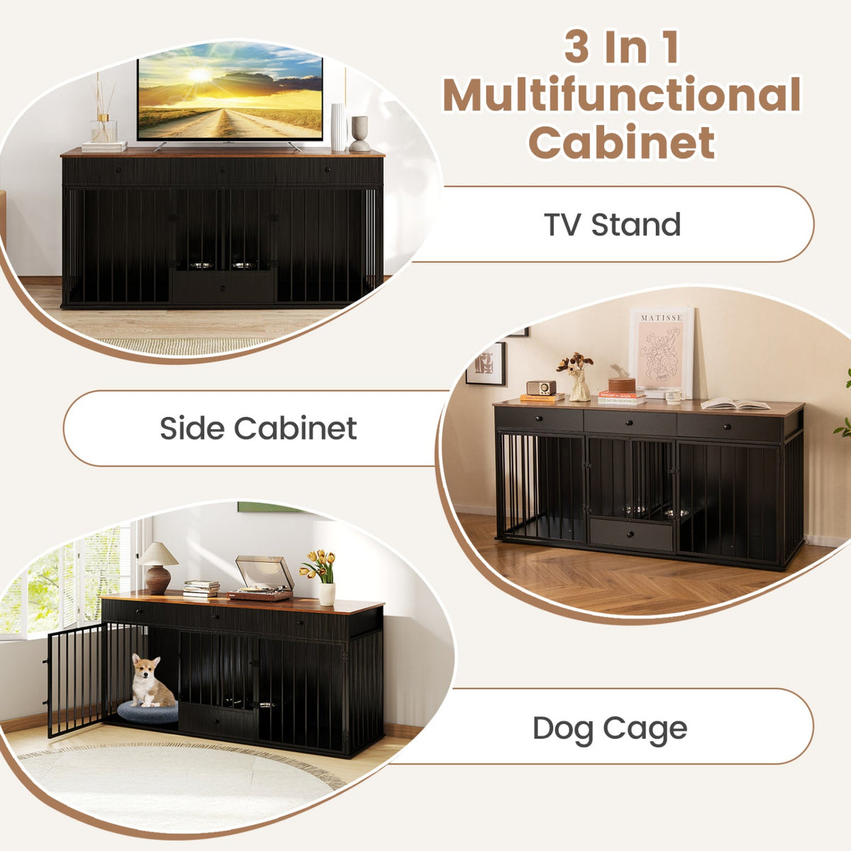 Dog Crate Furniture Indoor Modern Dog Kennel with Divider 3 Drawers and Pull-out Feeder 8