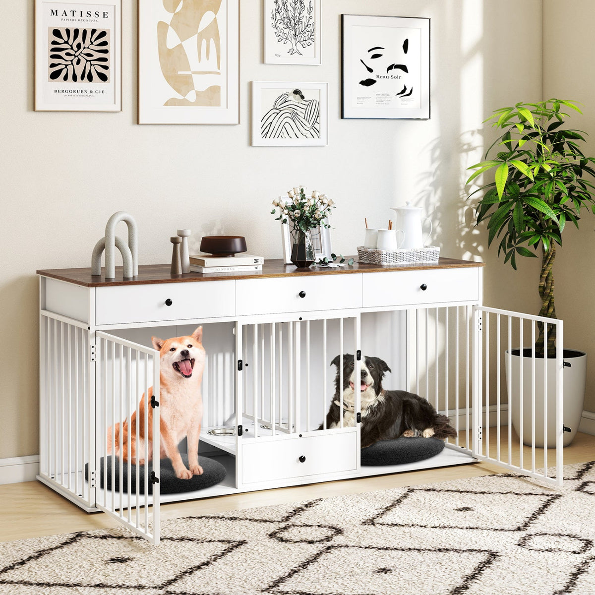 Dog Crate Furniture Indoor Modern Dog Kennel with Divider 3 Drawers and Pull-out Feeder 10