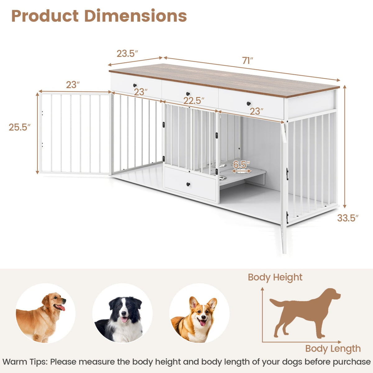 Dog Crate Furniture Indoor Modern Dog Kennel with Divider 3 Drawers and Pull-out Feeder 12