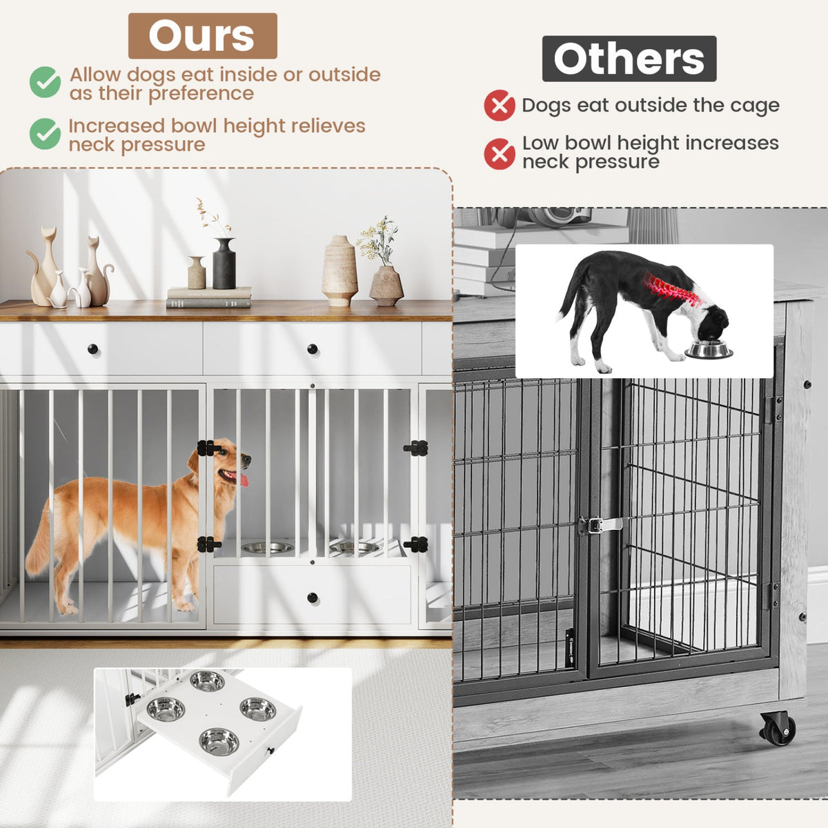 Dog Crate Furniture Indoor Modern Dog Kennel with Divider 3 Drawers and Pull-out Feeder 13