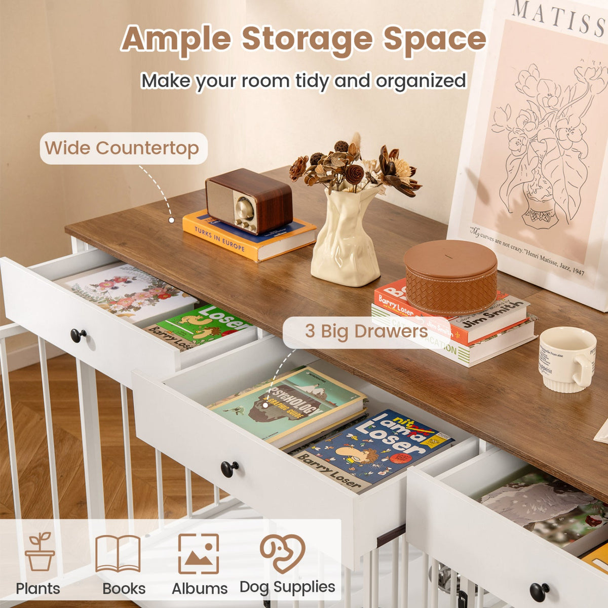 Dog Crate Furniture Indoor Modern Dog Kennel with Divider 3 Drawers and Pull-out Feeder 14