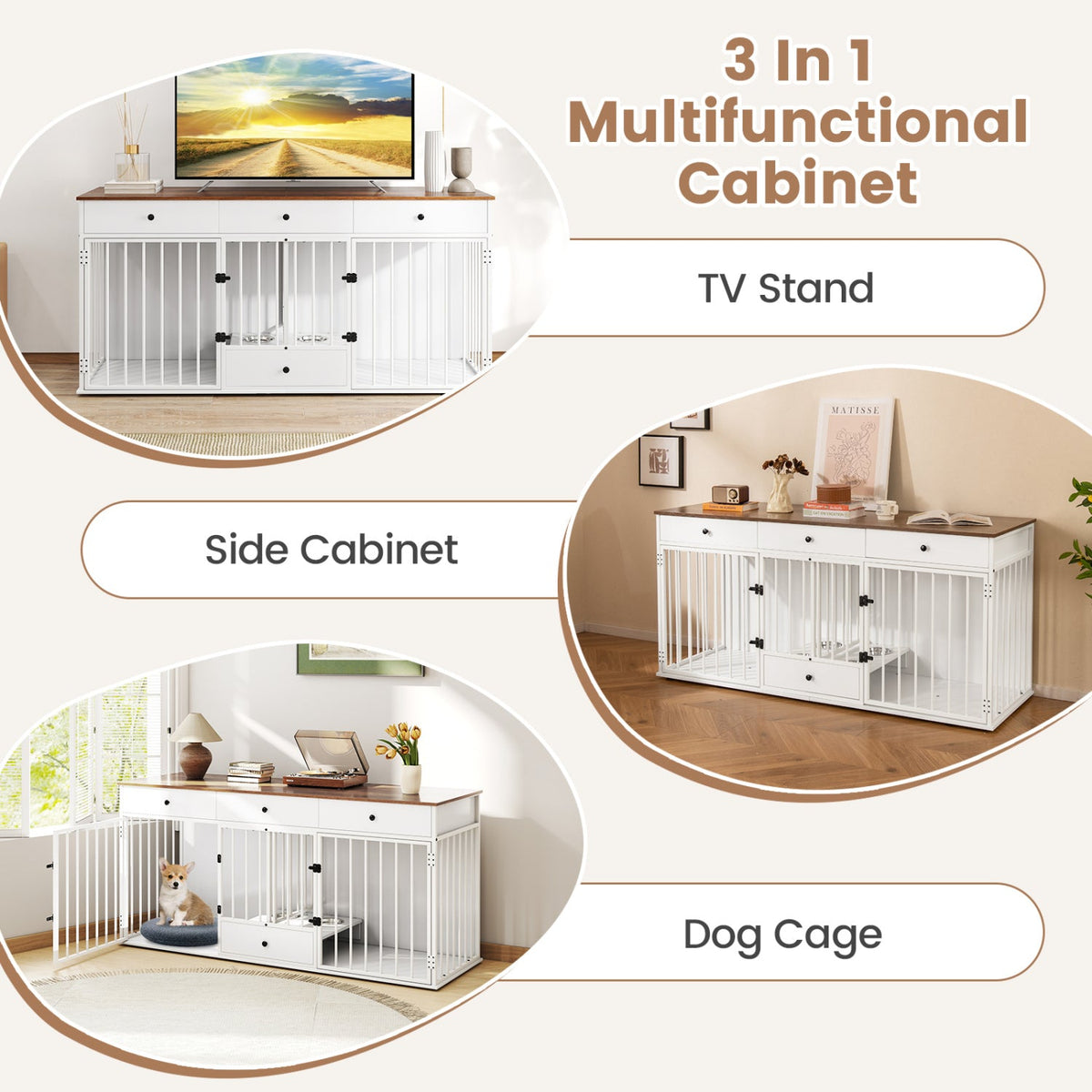 Dog Crate Furniture Indoor Modern Dog Kennel with Divider 3 Drawers and Pull-out Feeder 15
