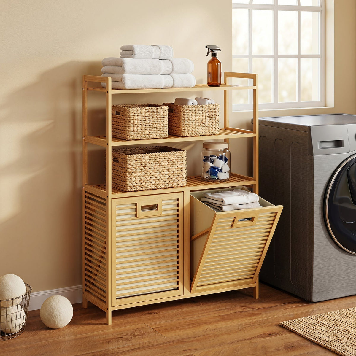 Double Tilt-Out Laundry Hamper with 3 Shelves & Baskets 1
