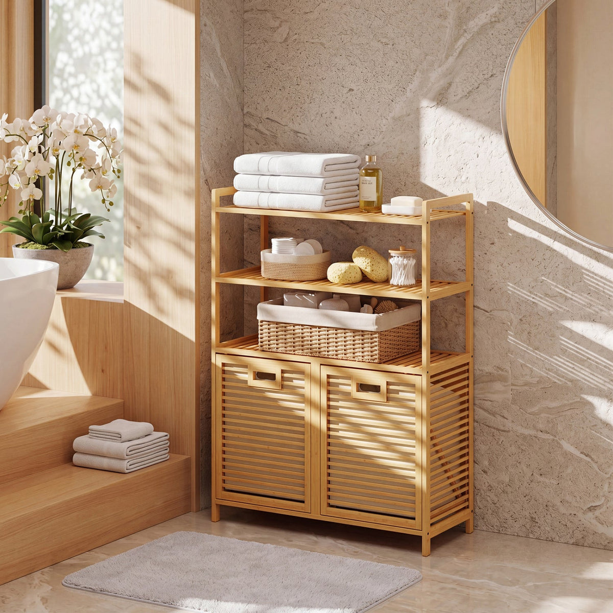 Double Tilt-Out Laundry Hamper with 3 Shelves & Baskets 2
