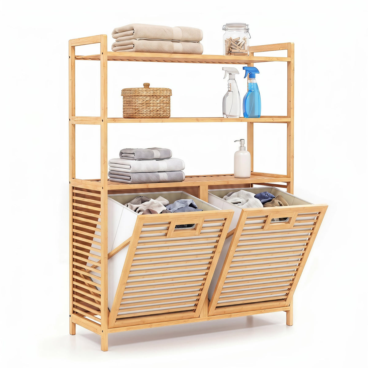 Double Tilt-Out Laundry Hamper with 3 Shelves & Baskets 3
