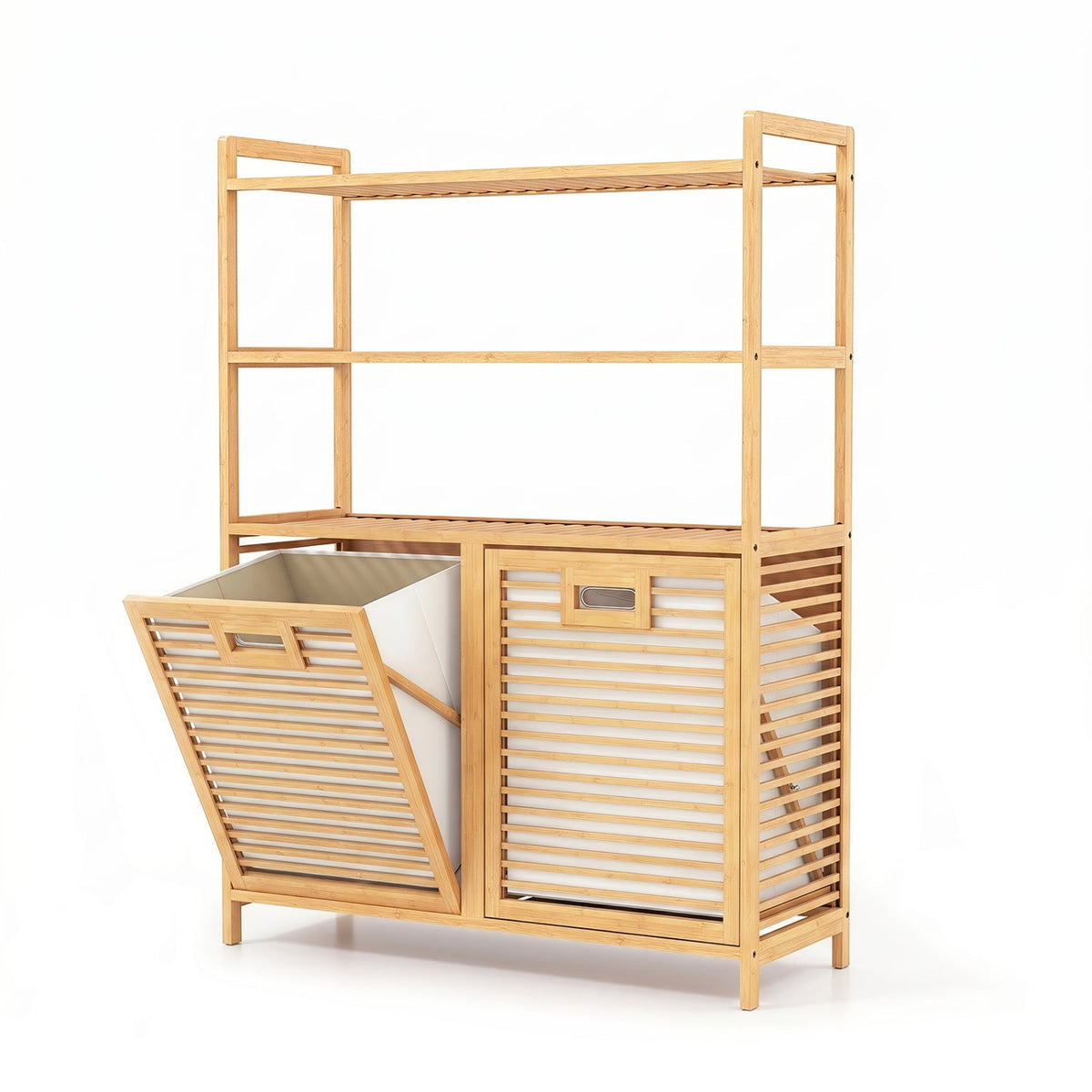 Double Tilt-Out Laundry Hamper with 3 Shelves & Baskets 4