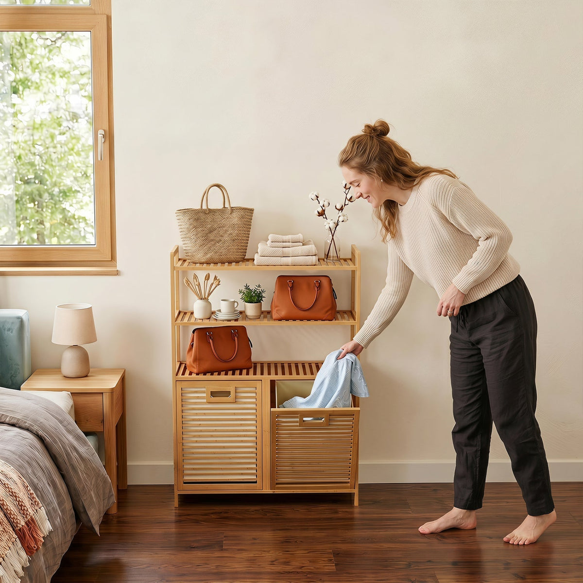 Double Tilt-Out Laundry Hamper with 3 Shelves & Baskets 6