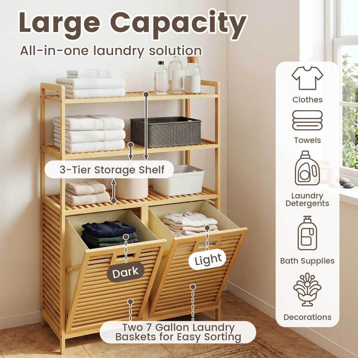 Double Tilt-Out Laundry Hamper with 3 Shelves & Baskets 7