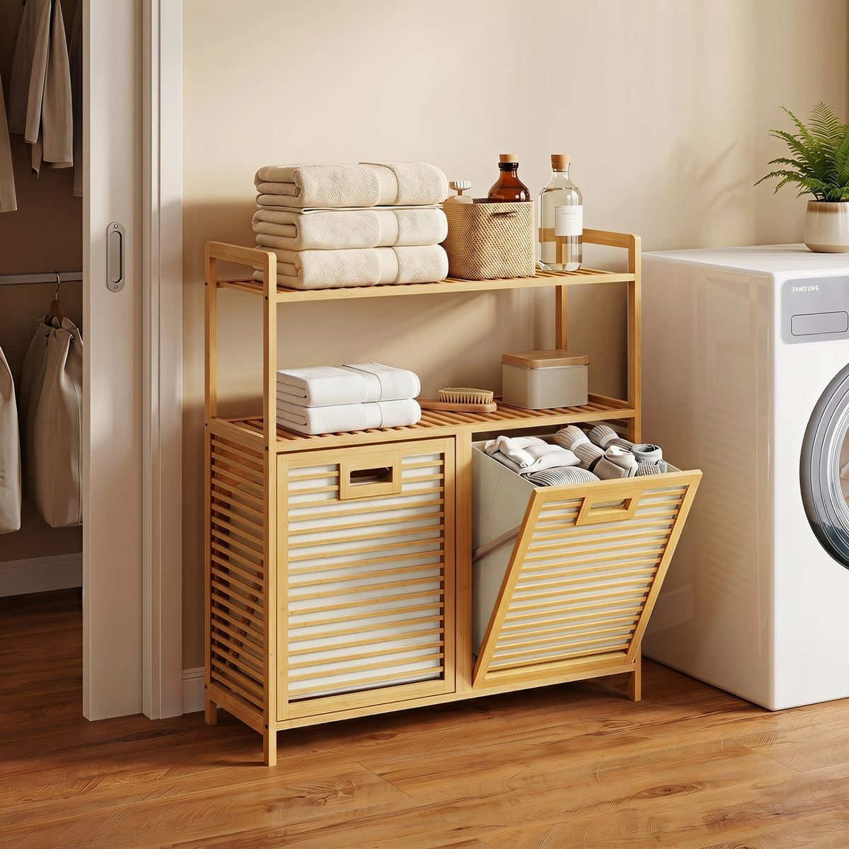 Double Tilt-Out Laundry Hamper with 2 Shelves - Natural Bamboo 1