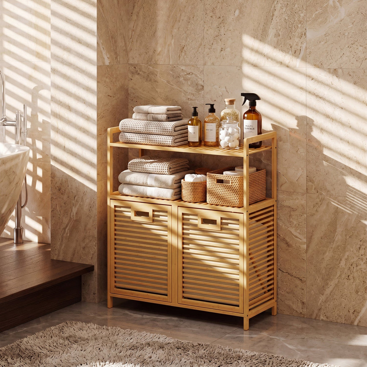 Double Tilt-Out Laundry Hamper with 2 Shelves - Natural Bamboo 2
