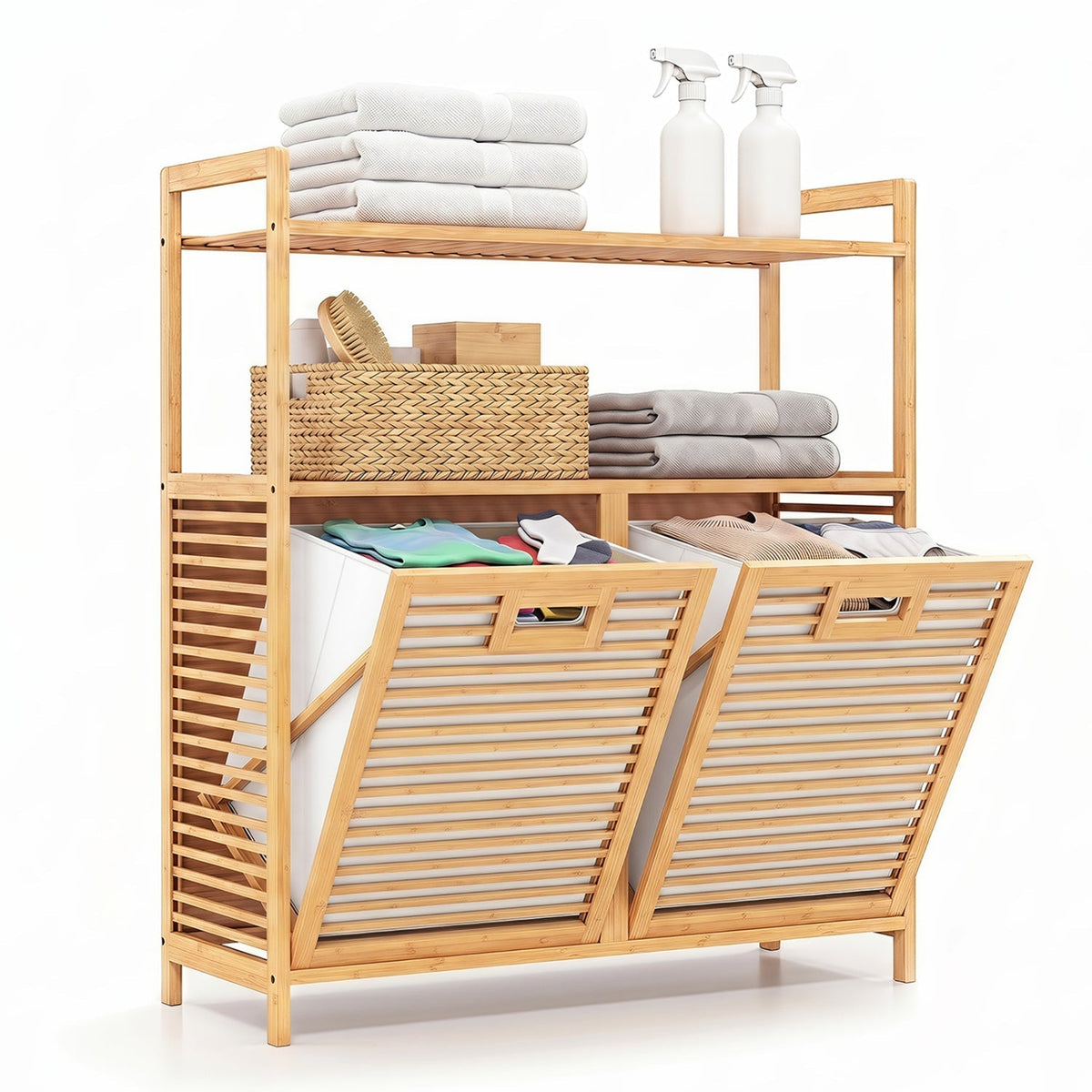 Double Tilt-Out Laundry Hamper with 2 Shelves - Natural Bamboo 3