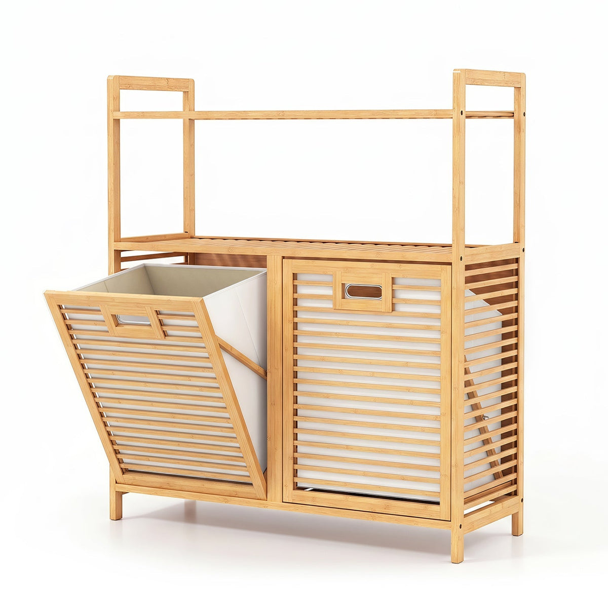 Double Tilt-Out Laundry Hamper with 2 Shelves - Natural Bamboo 4