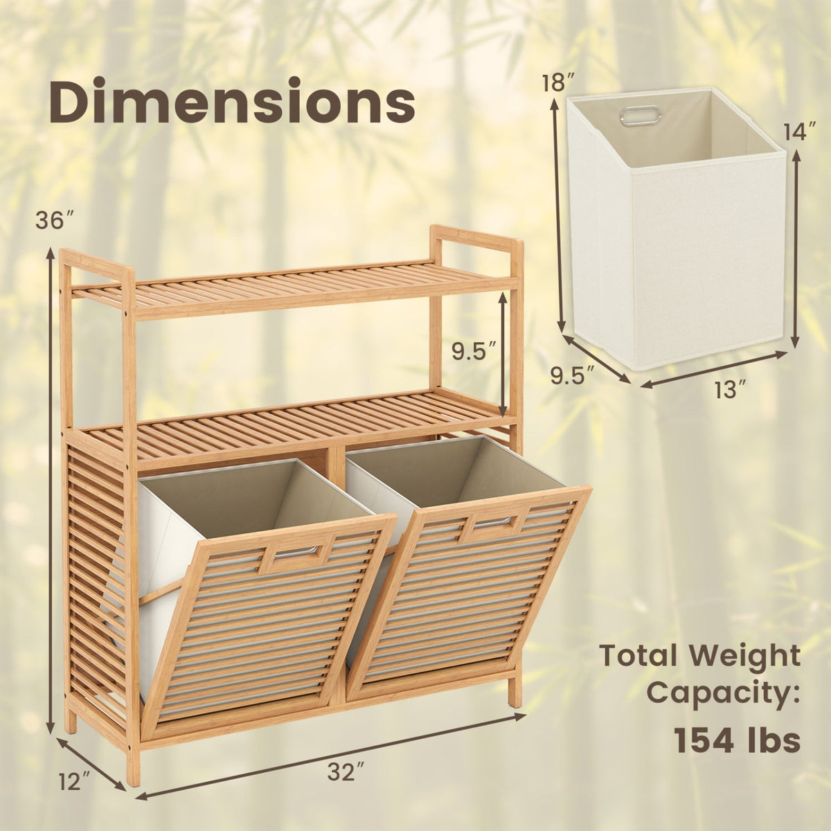 Double Tilt-Out Laundry Hamper with 2 Shelves - Natural Bamboo 5