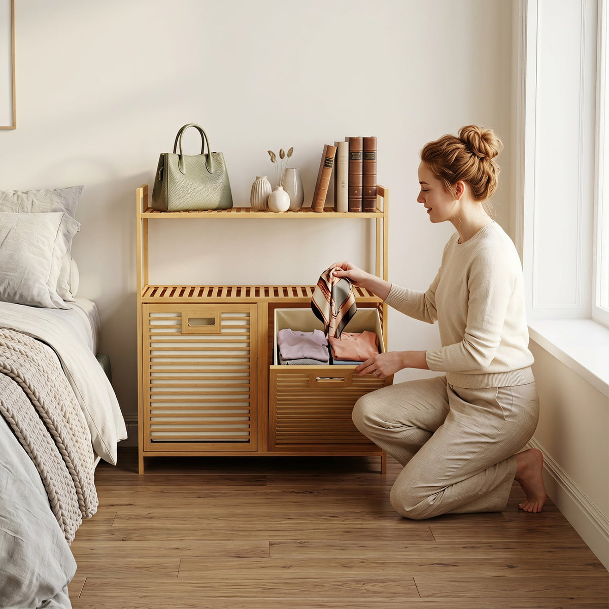 Double Tilt-Out Laundry Hamper with 2 Shelves - Natural Bamboo 6