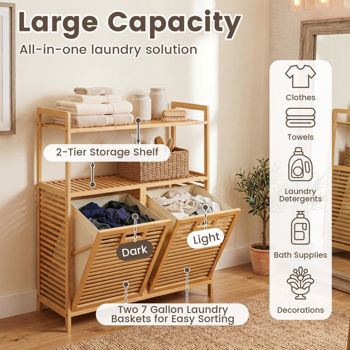 Double Tilt-Out Laundry Hamper with 2 Shelves - Natural Bamboo 7