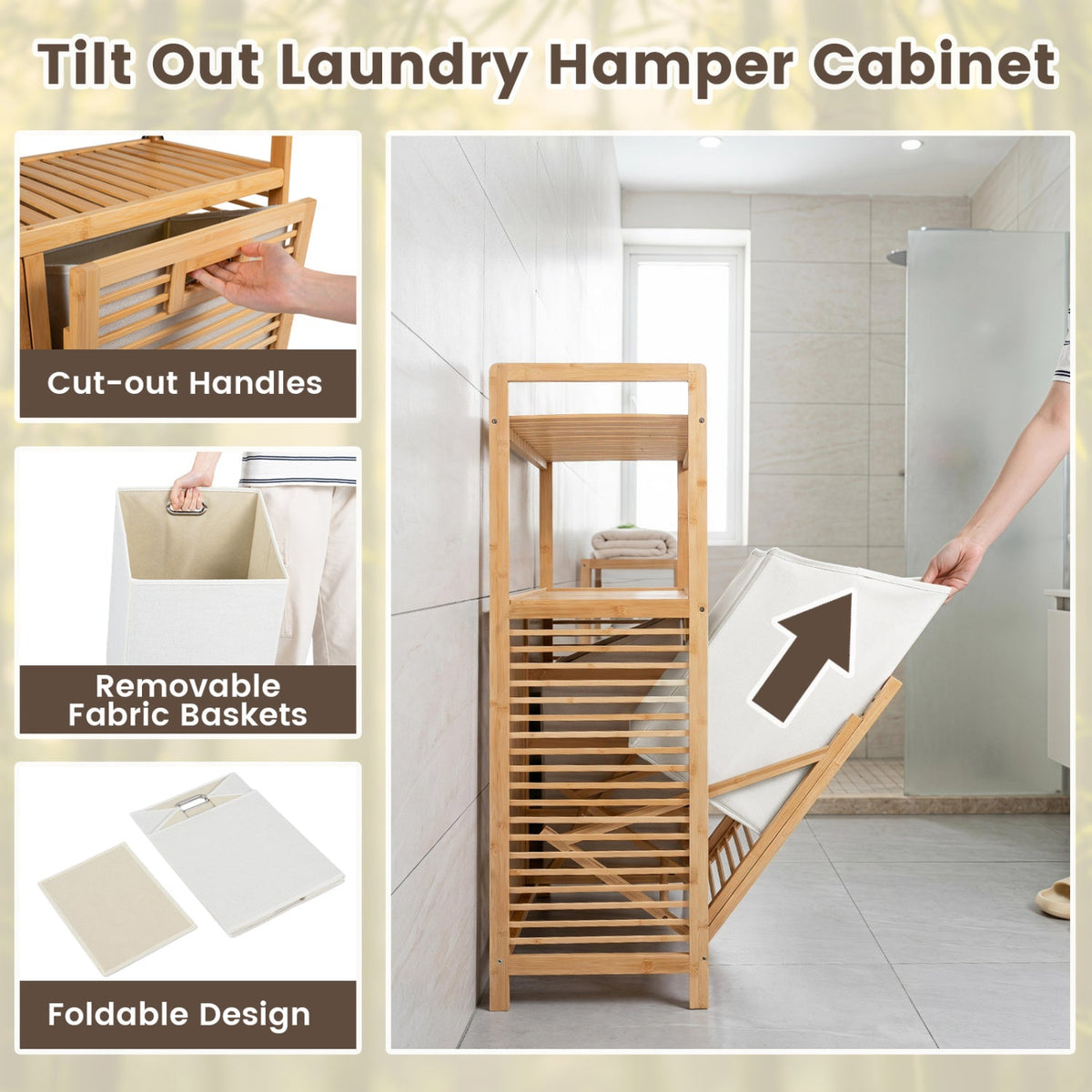 Double Tilt-Out Laundry Hamper with 2 Shelves - Natural Bamboo 8
