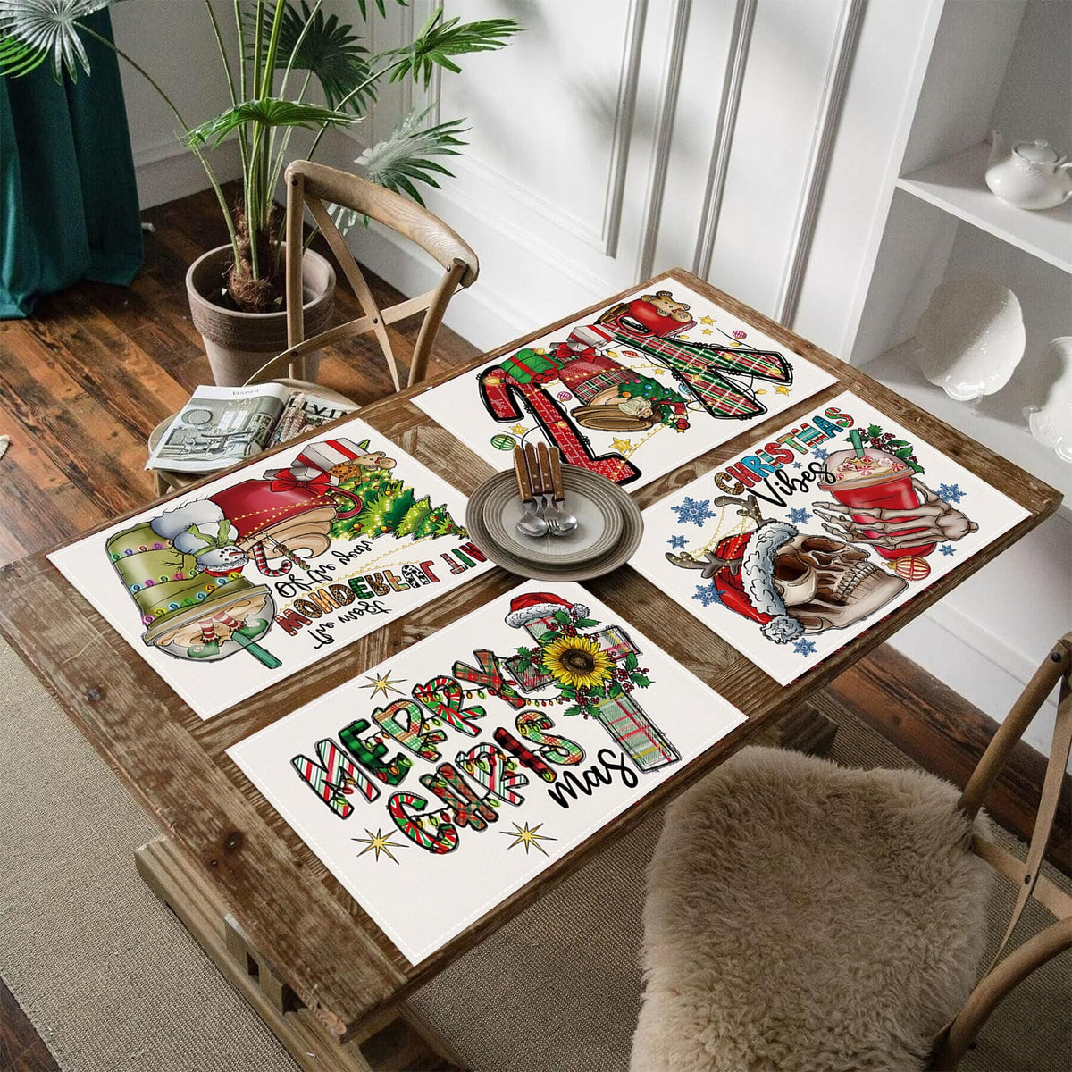 Skull Milk Tea Cup Printed Meal Mat Christmas Snowflake Letter Linen Table Mat Holiday Table Decoration Insulation Mat 2