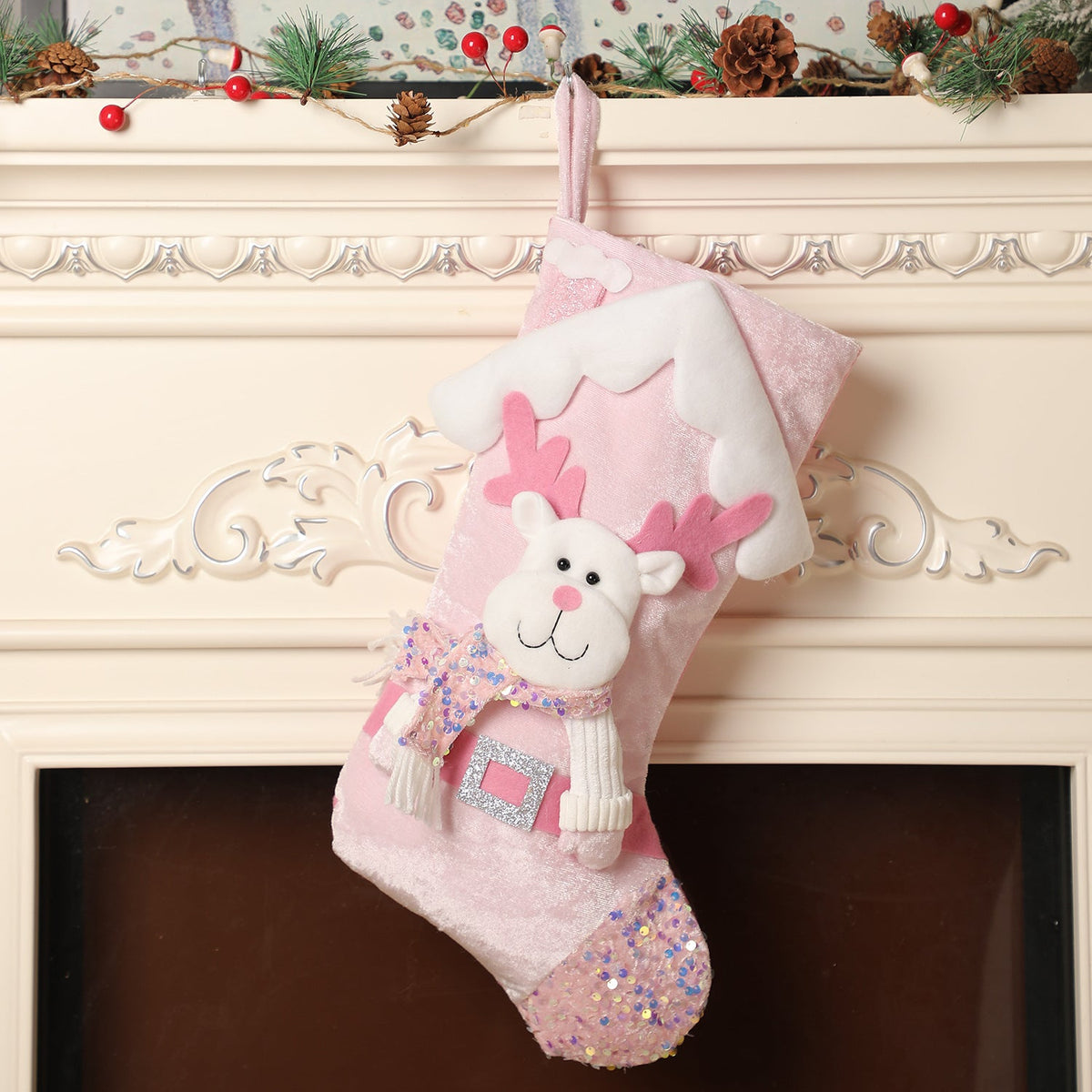 Christmas decoration, pink sequins, children's cartoon roof, Santa Claus, Christmas socks, gifts, decorative items 8