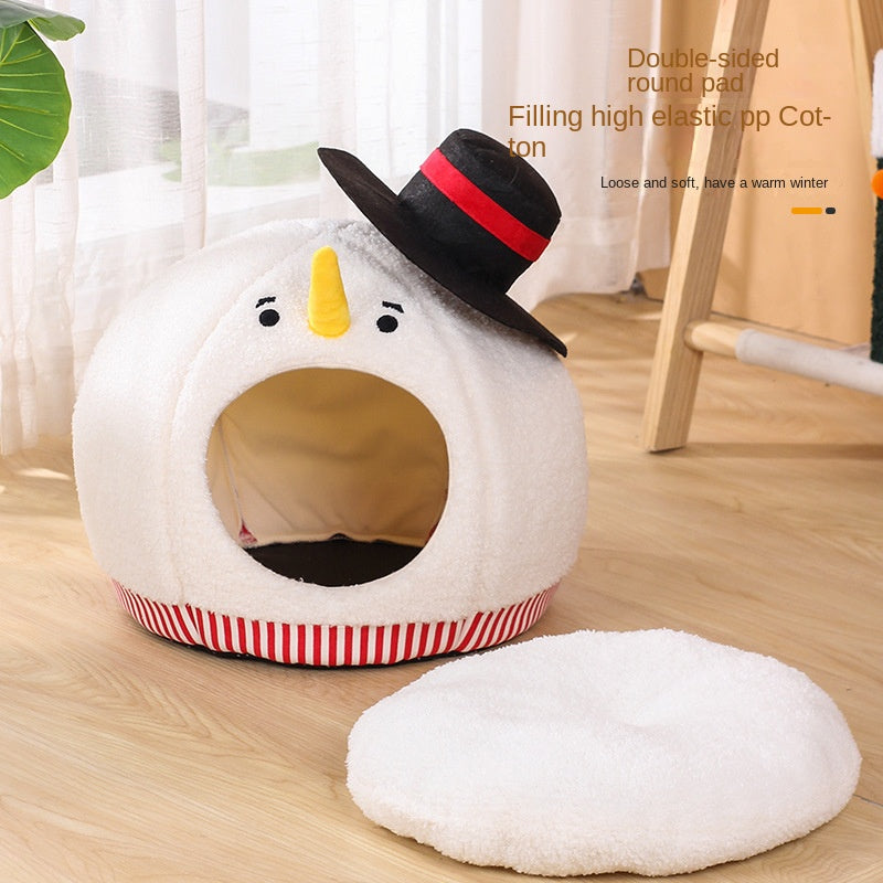 Cat Nest: Semi enclosed Cat House for All Seasons, Cute Christmas Snowman Cat Nest, Winter Warmth Pet Supplies 4