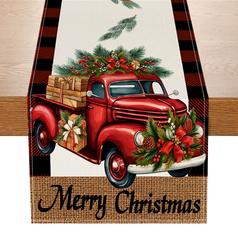 Red car printed table flag Christmas red black checkered linen living room decoration tablecloth 7
