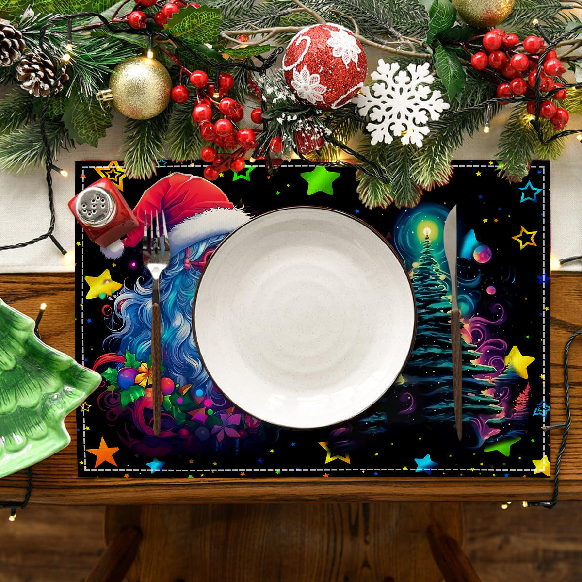 Christmas table mat with white linen starry sky and Santa Claus print 3