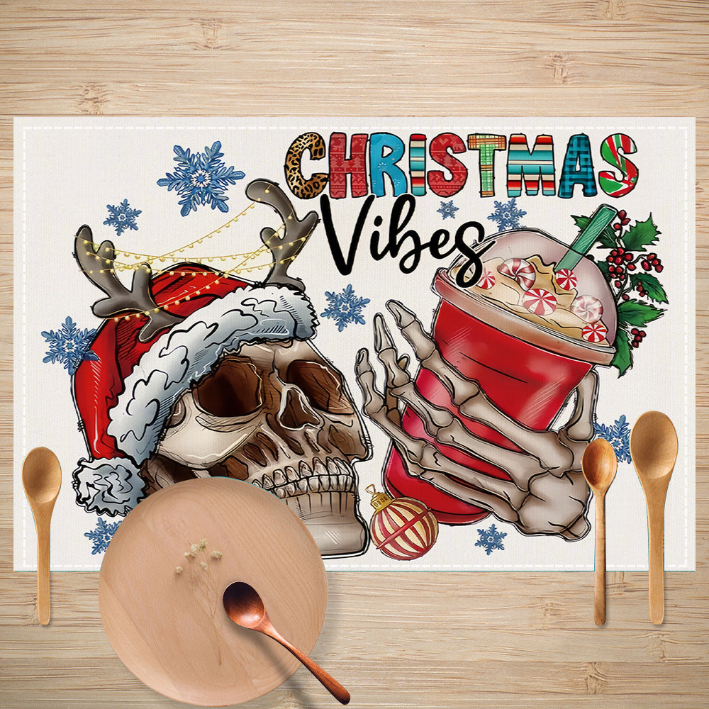 Skull Milk Tea Cup Printed Meal Mat Christmas Snowflake Letter Linen Table Mat Holiday Table Decoration Insulation Mat 9