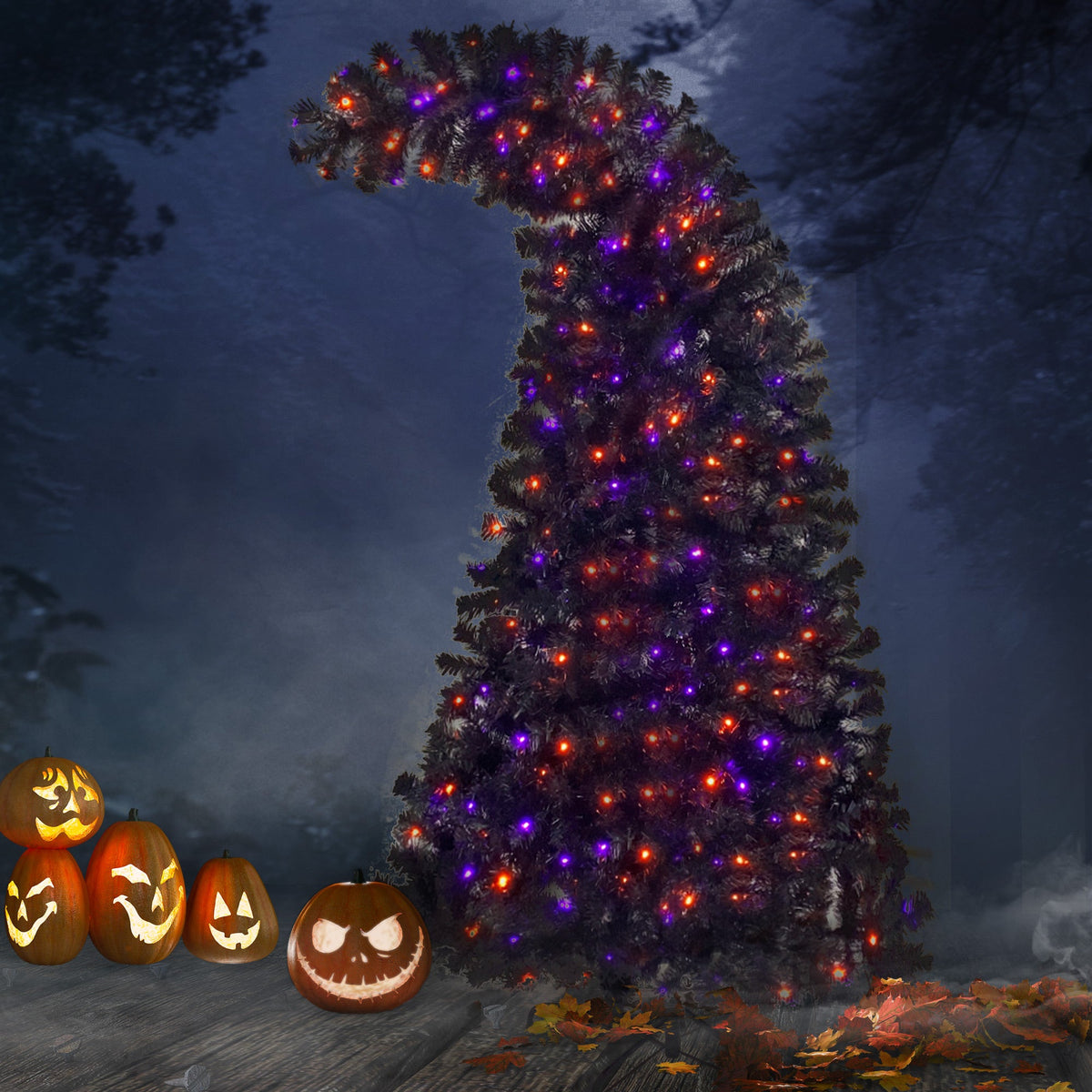 6FT artificial fir curved top Halloween tree, with 1080 lush branch tips and 300 LED lights in a Christmas and Halloween style 12