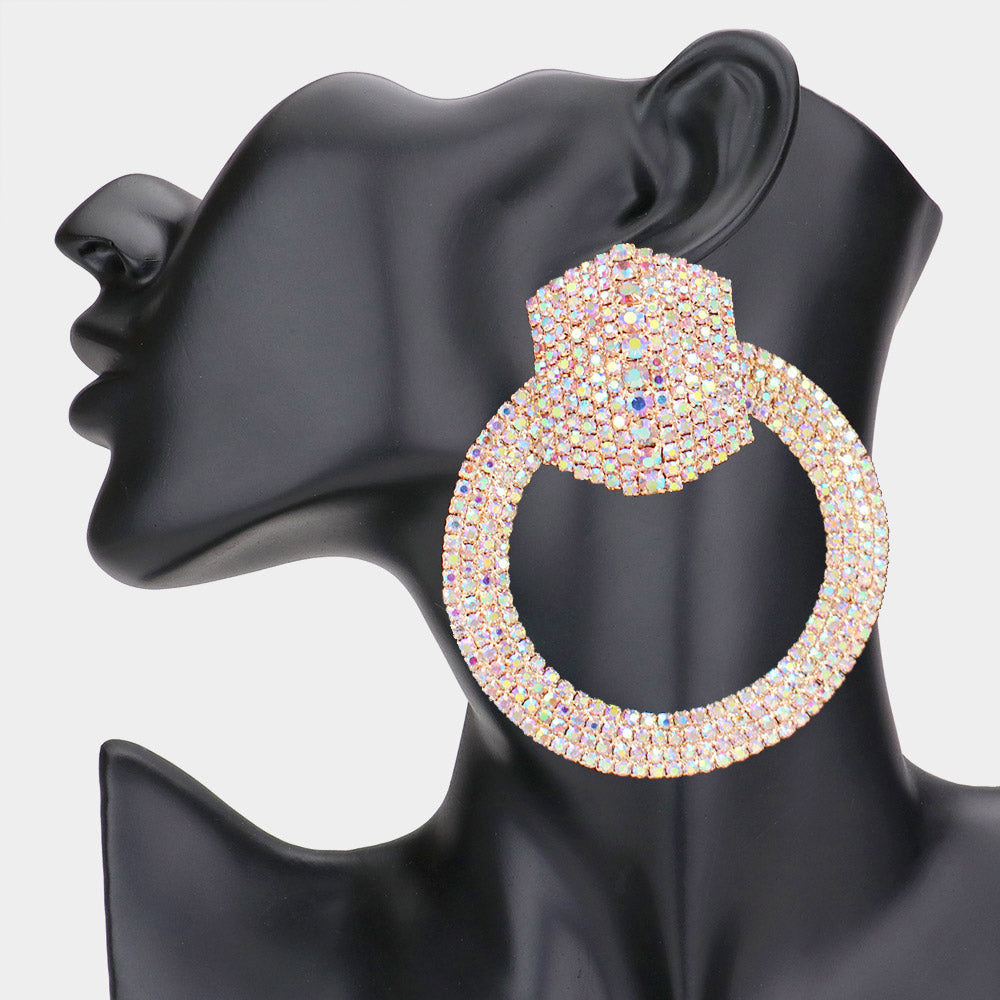 Rhinestone Pave Hexagon Open Circle Evening Earrings 1