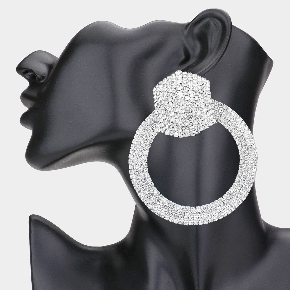 Rhinestone Pave Hexagon Open Circle Evening Earrings 2