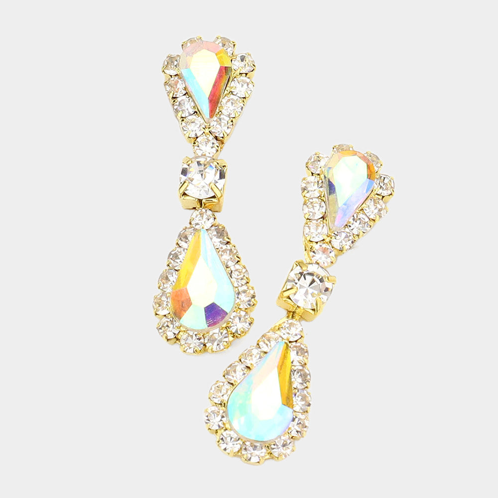Double Teardrop Accented Rhinestone Trimmed Dangle Evening Earrings 1