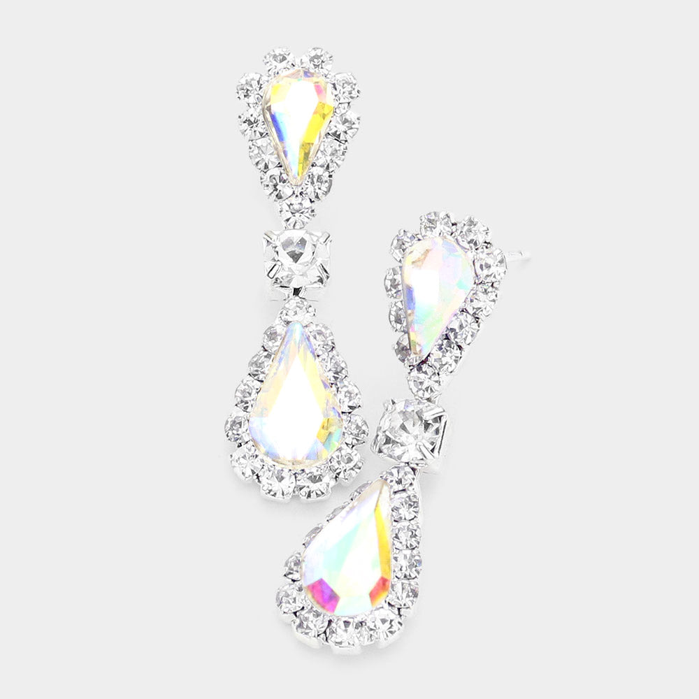 Double Teardrop Accented Rhinestone Trimmed Dangle Evening Earrings 3