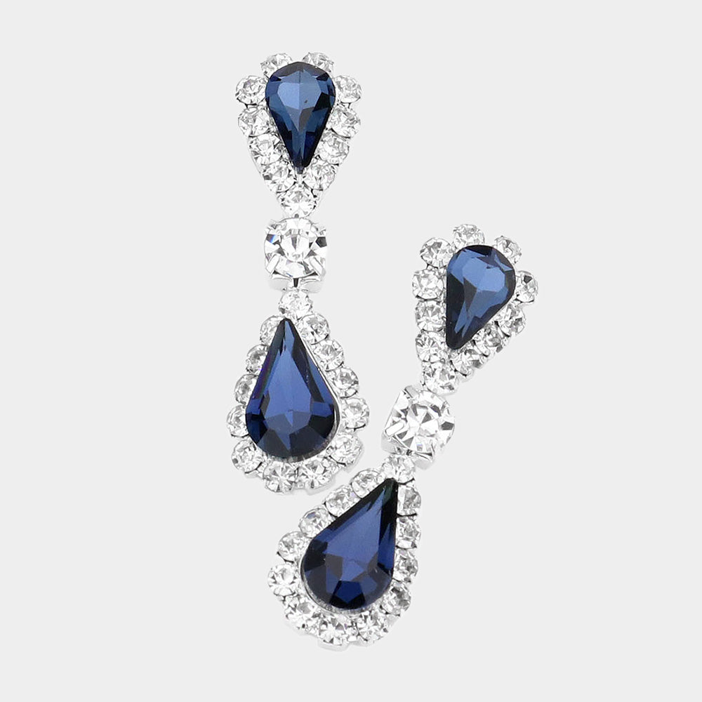 Double Teardrop Accented Rhinestone Trimmed Dangle Evening Earrings 2