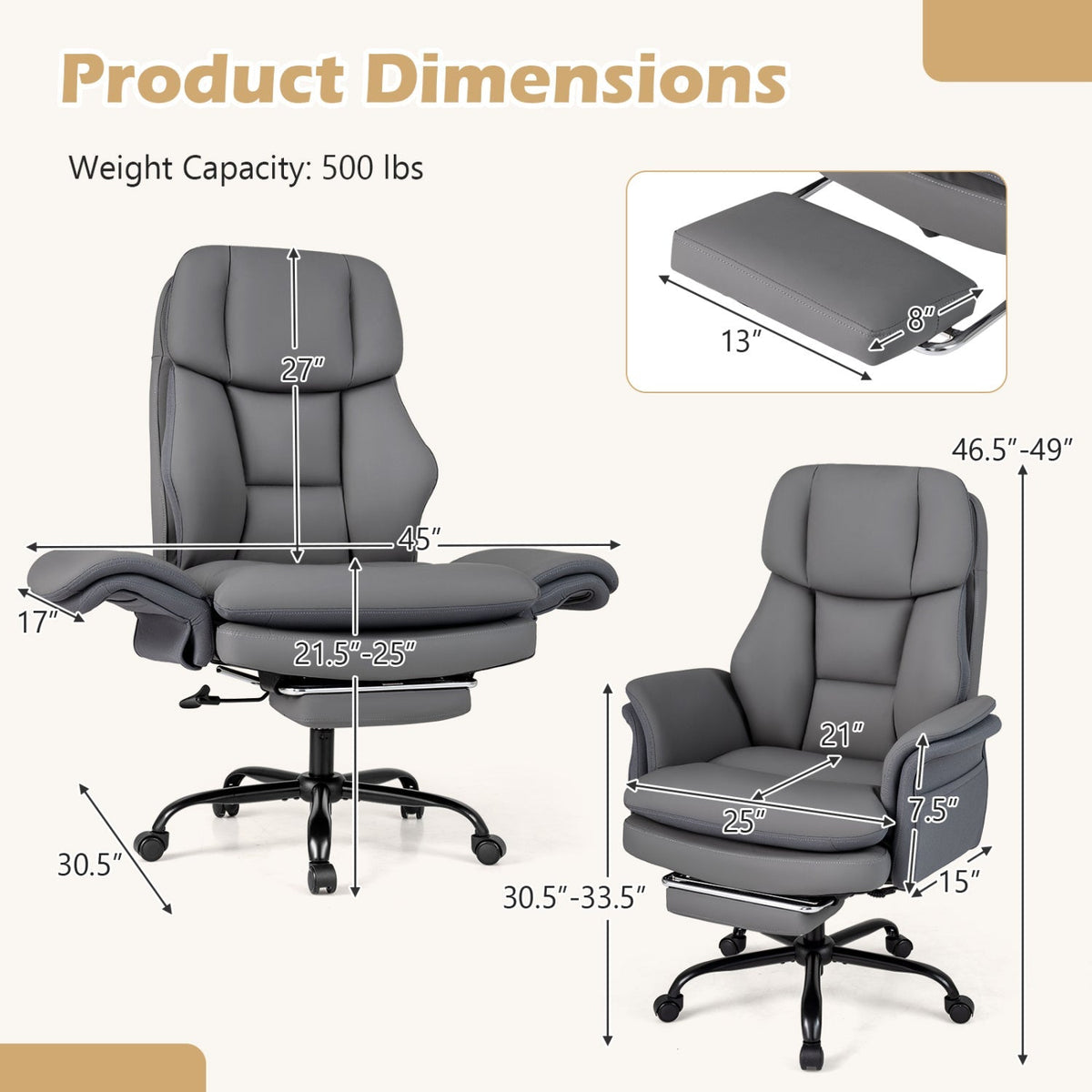 Big and Tall Office Chair with Retractable Footrest 500 lbs 13