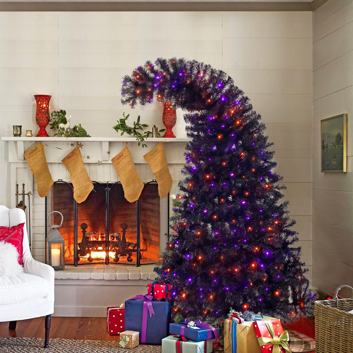 6FT artificial fir curved top Halloween tree, with 1080 lush branch tips and 300 LED lights in a Christmas and Halloween style 2