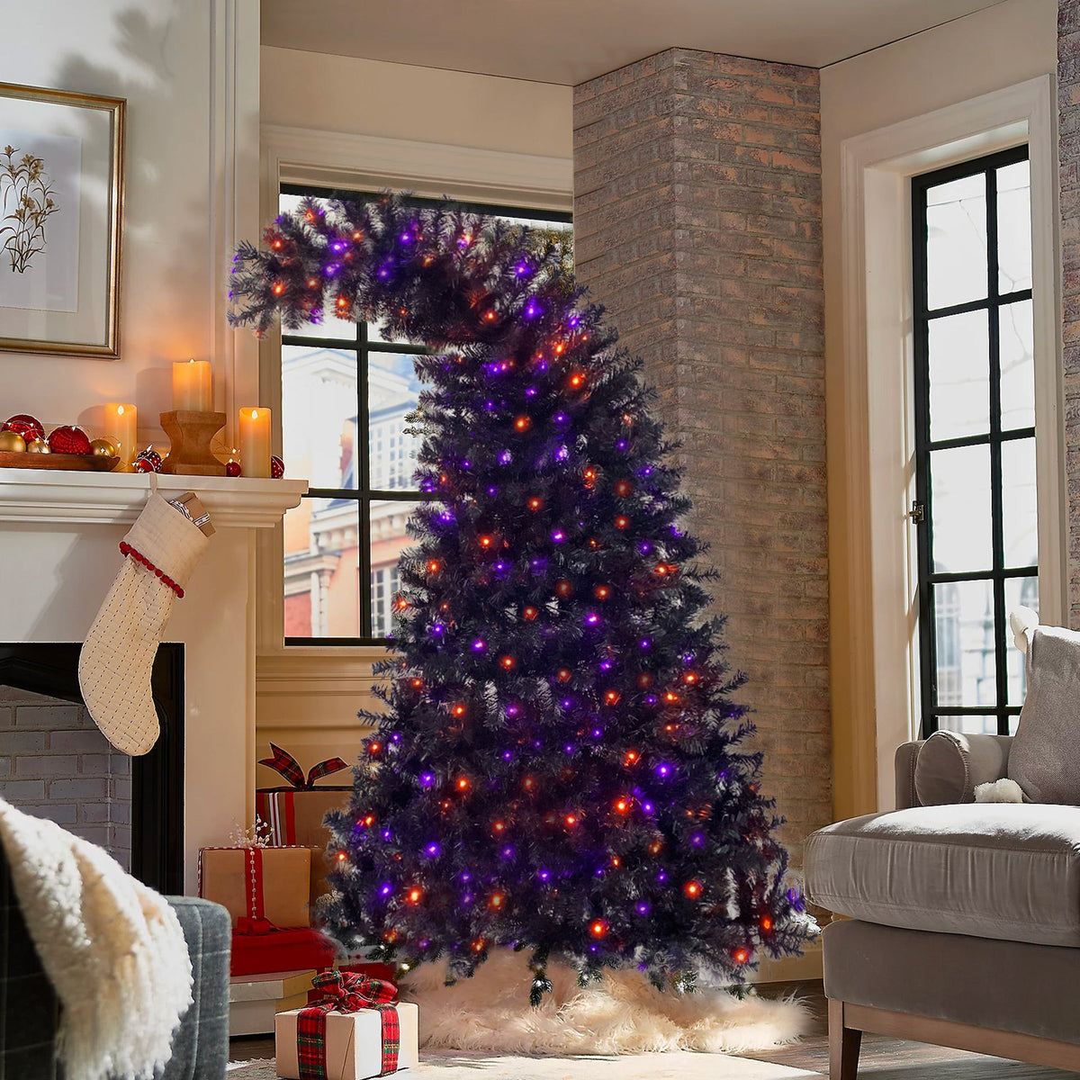 6FT artificial fir curved top Halloween tree, with 1080 lush branch tips and 300 LED lights in a Christmas and Halloween style 4