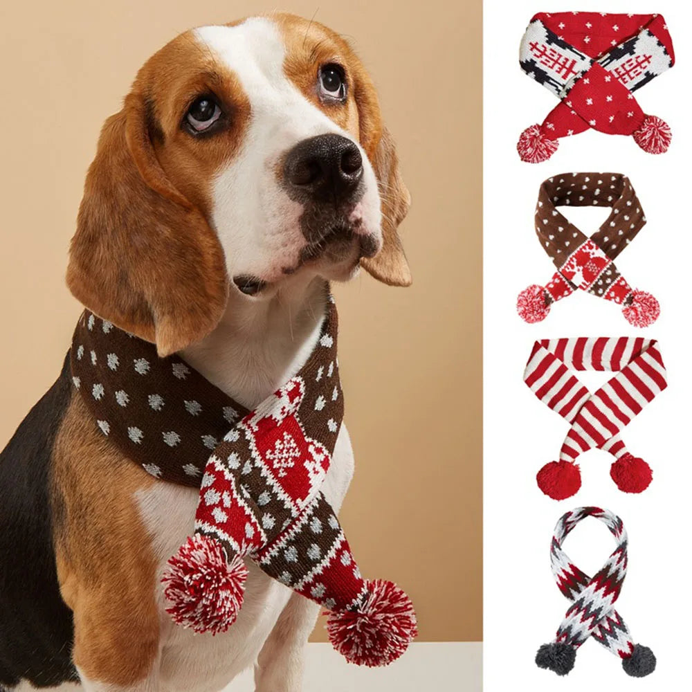 Christmas Dog Scarf Knitted Elk Scarf Striped Hair Ball Pet Scarf Outdoor Winter Warm Cat Dog Scarves Puppy Collar Pet Supplies 2