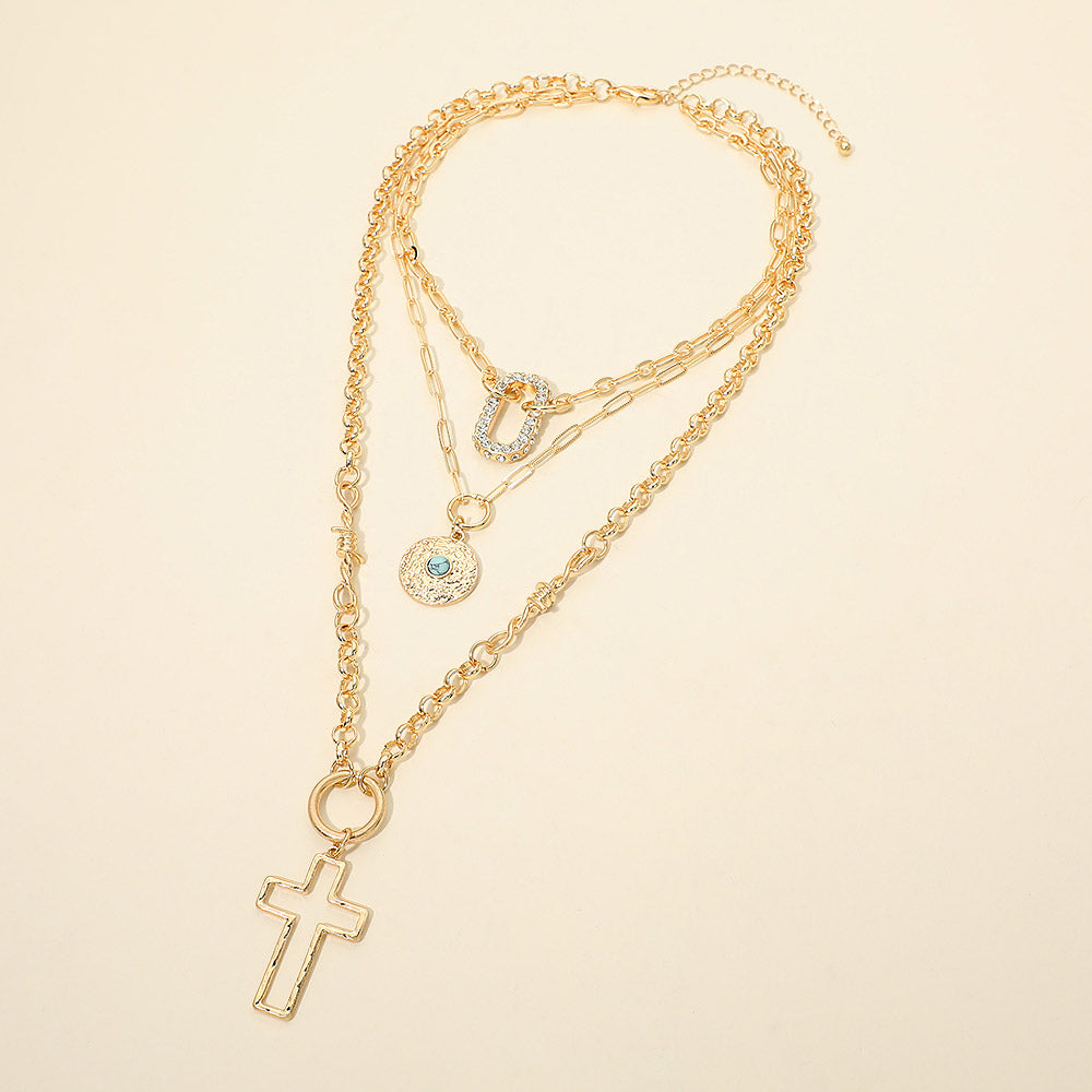 Cross Stone Center Disc Rhinestone Pave Open Oval Pendant Accent Layered Statement Necklace 1