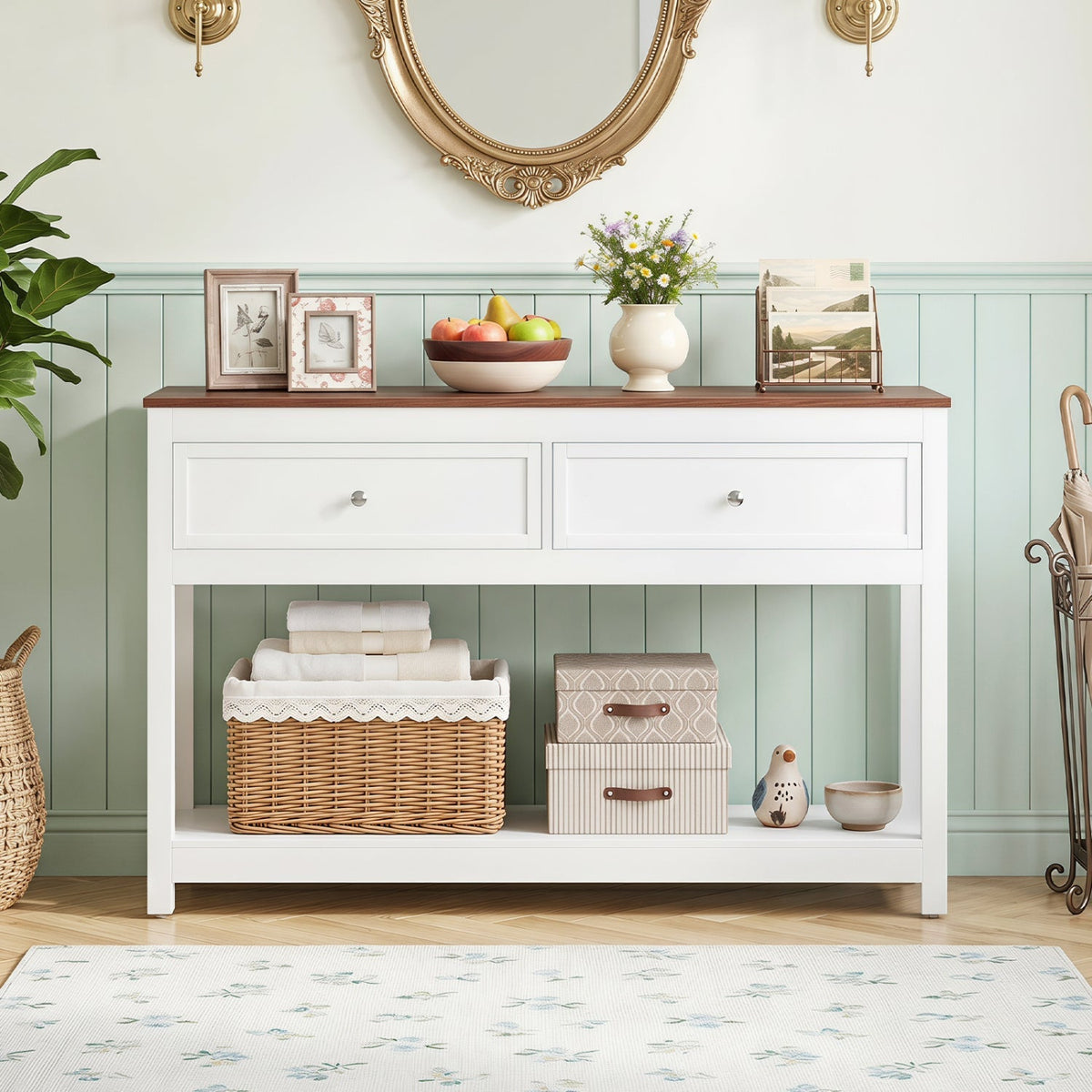 Console Table with 2 Drawers and Open Storage Shelf 1