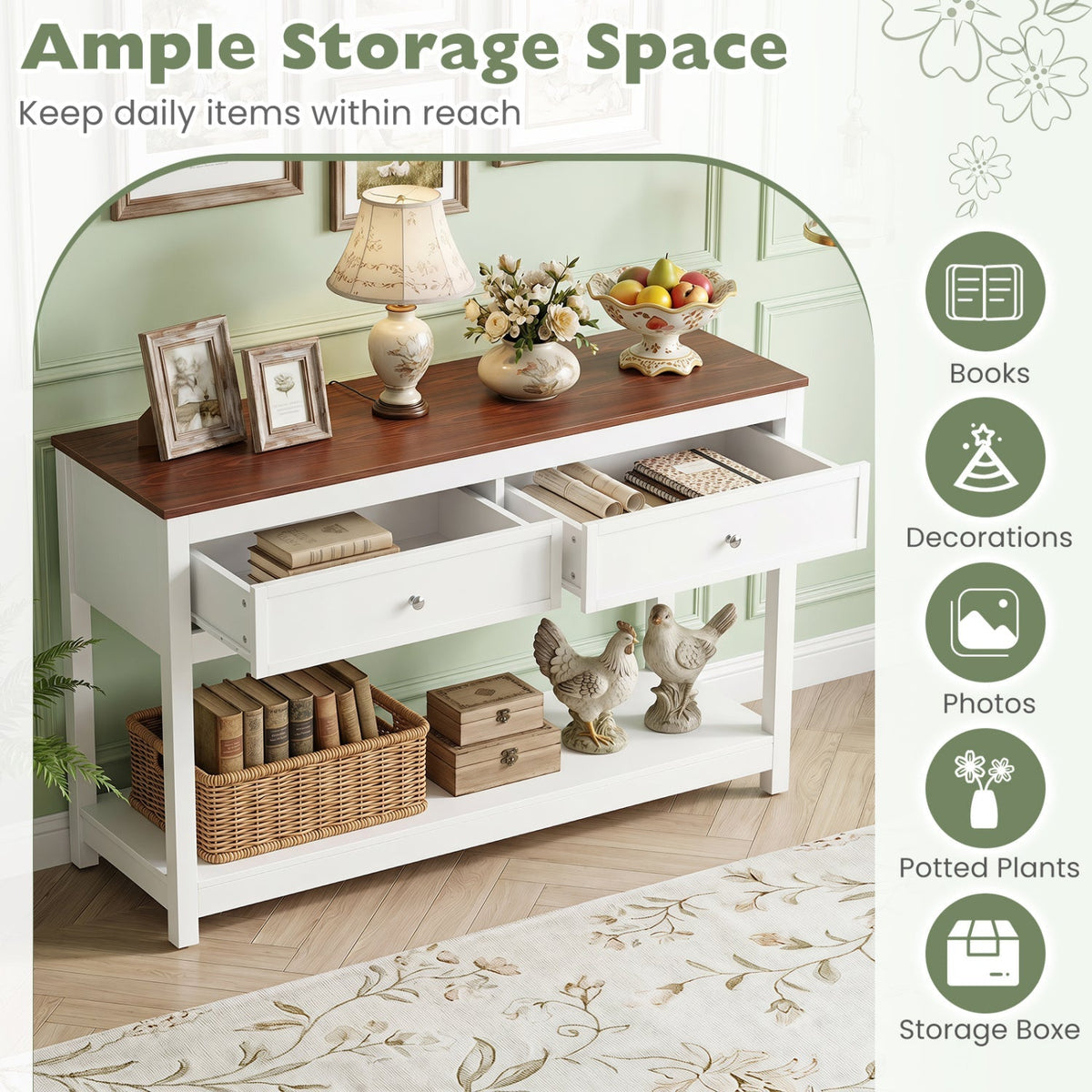 Console Table with 2 Drawers and Open Storage Shelf 8