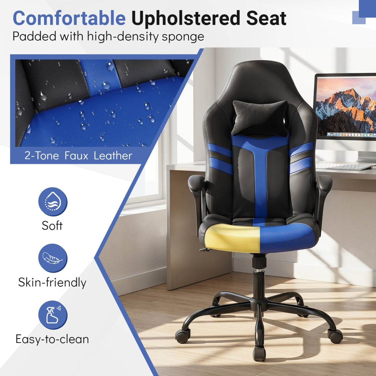 Ergonomic Gaming Chair with Removable Head Pillow & Rocking 32