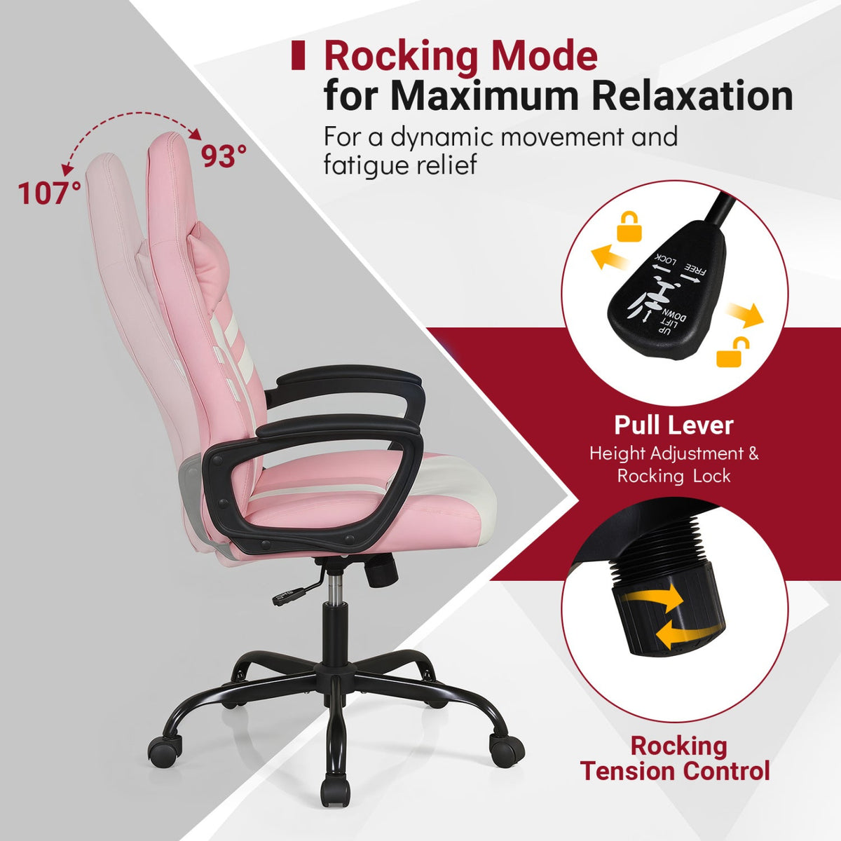 Ergonomic Gaming Chair with Removable Head Pillow & Rocking 7