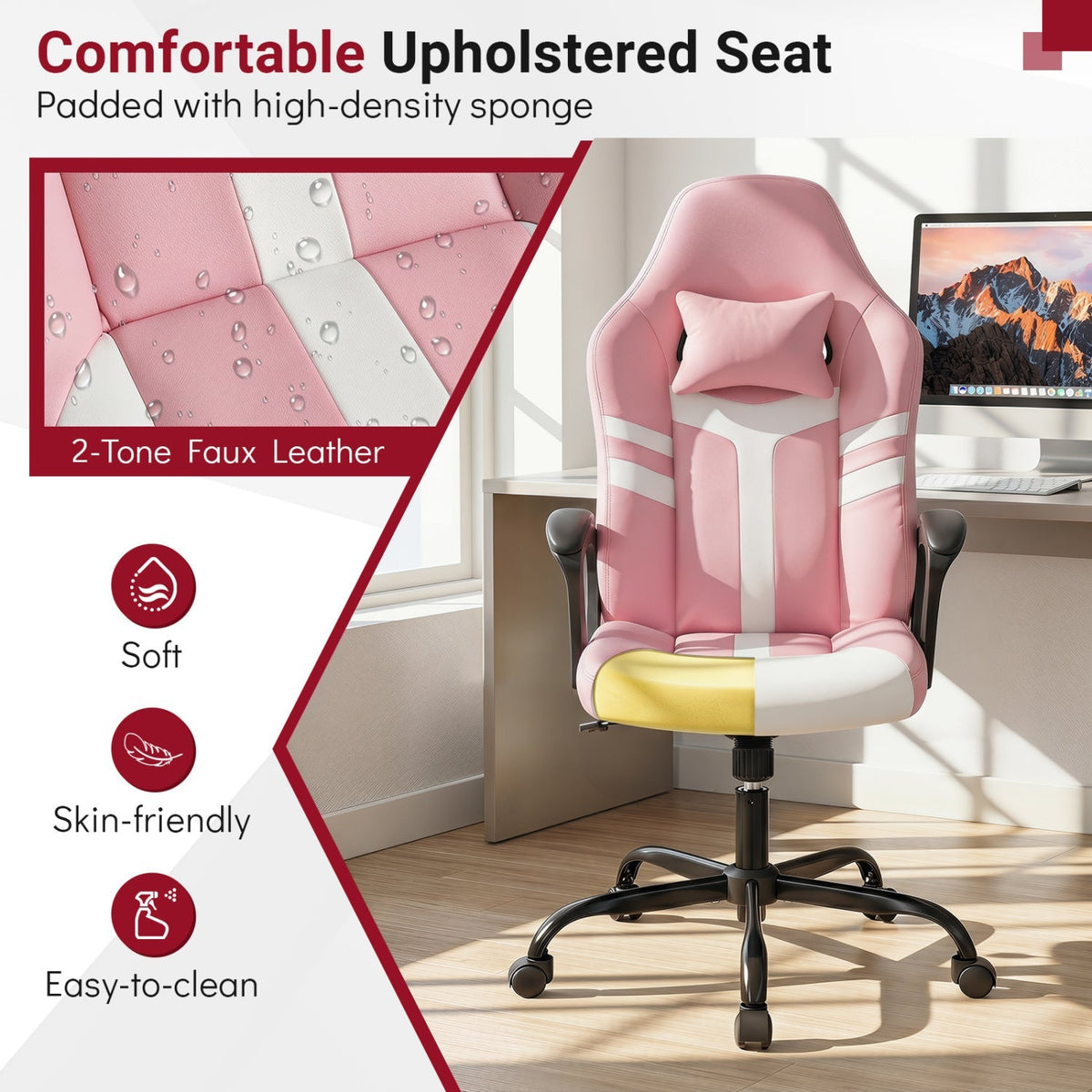 Ergonomic Gaming Chair with Removable Head Pillow & Rocking 8