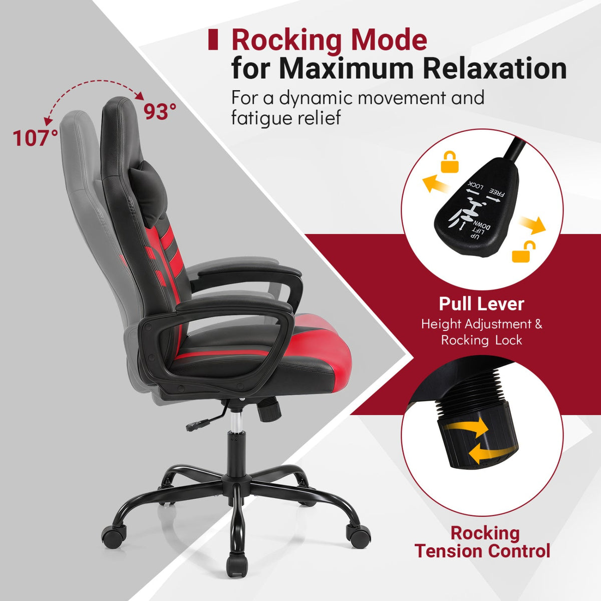 Ergonomic Gaming Chair with Removable Head Pillow & Rocking 15