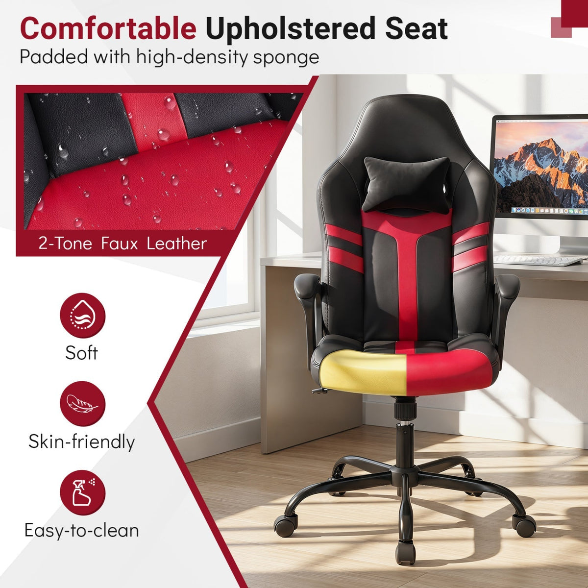 Ergonomic Gaming Chair with Removable Head Pillow & Rocking 16