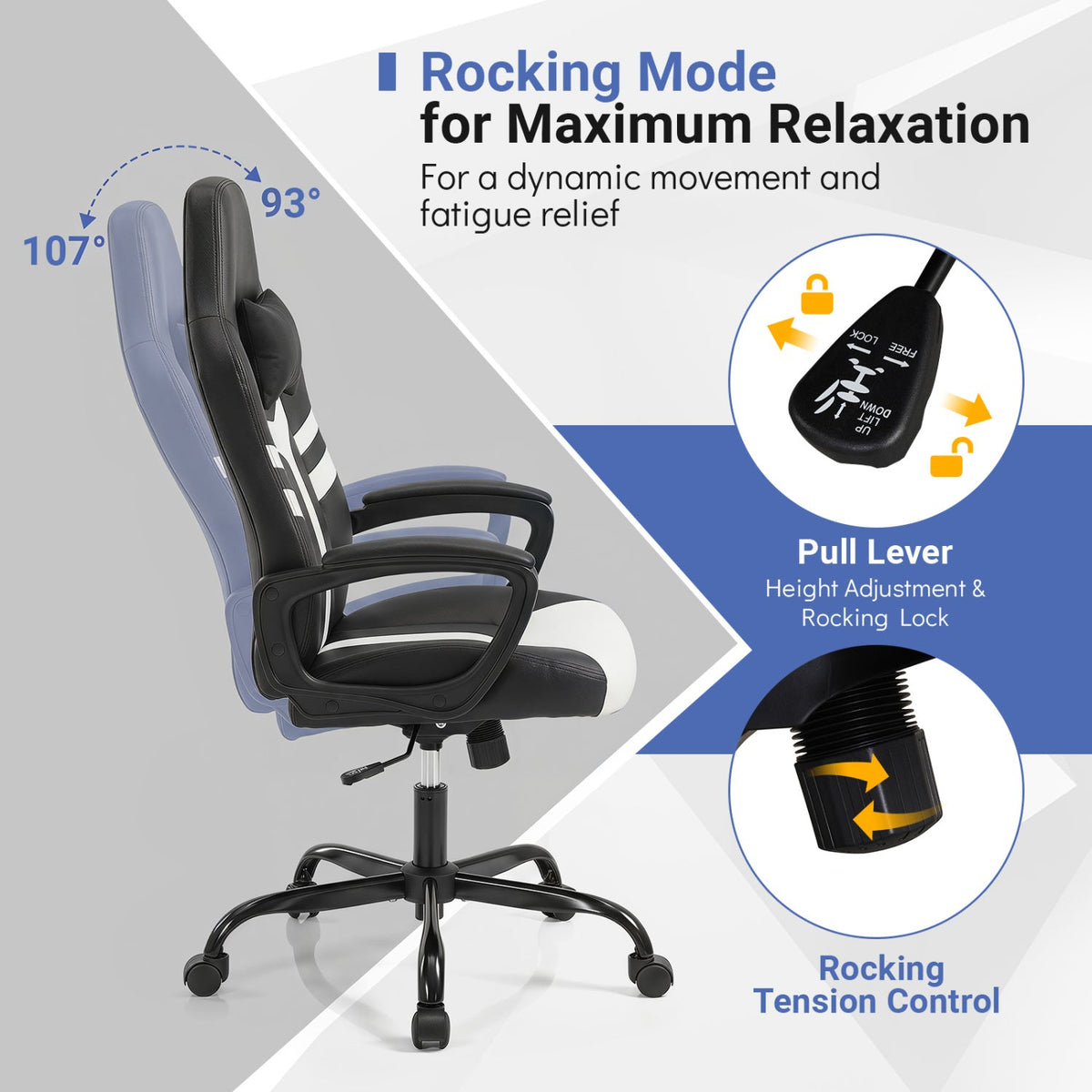 Ergonomic Gaming Chair with Removable Head Pillow & Rocking 23