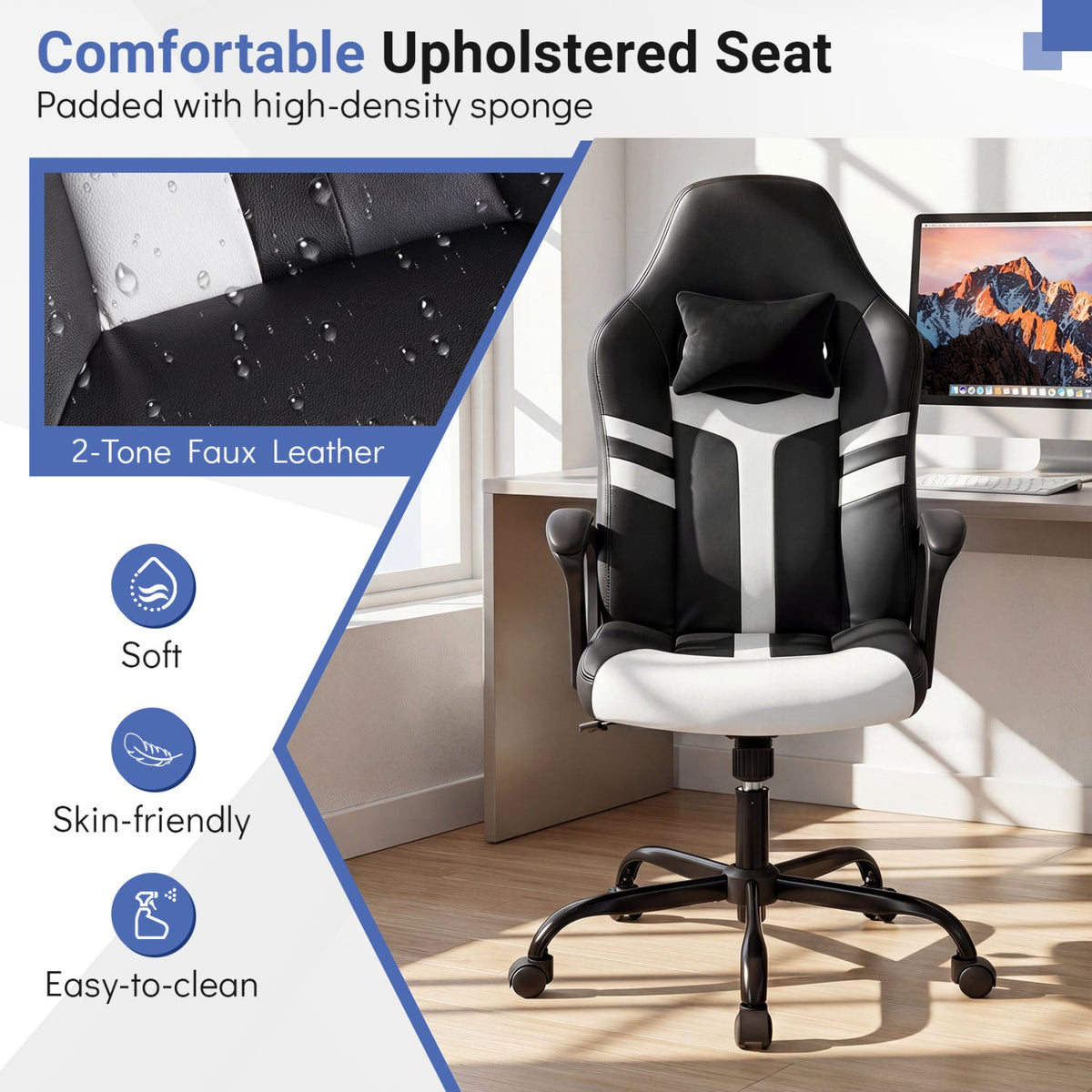 Ergonomic Gaming Chair with Removable Head Pillow & Rocking 24