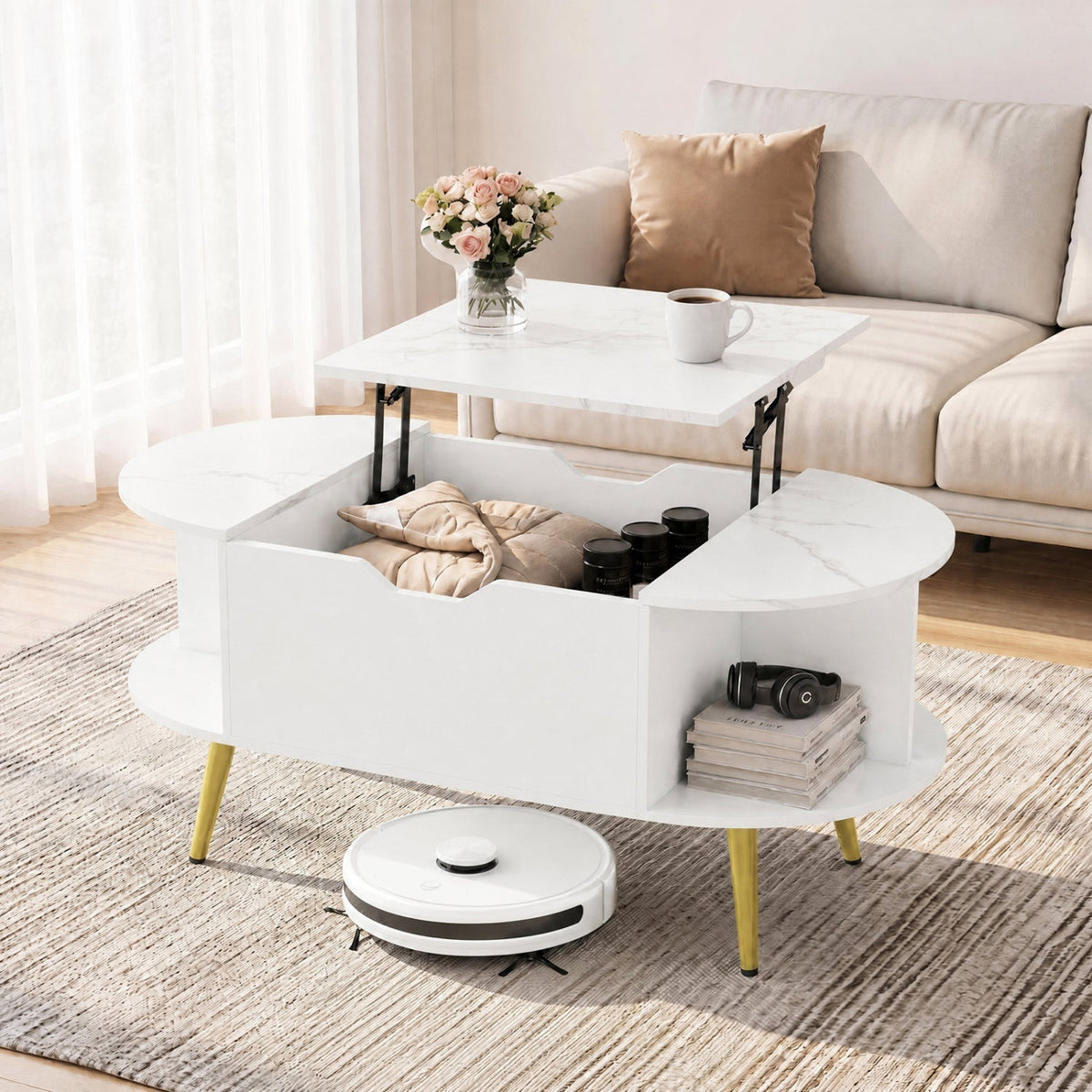 Lift Top Coffee Table with Hidden Compartment and Shelves 1